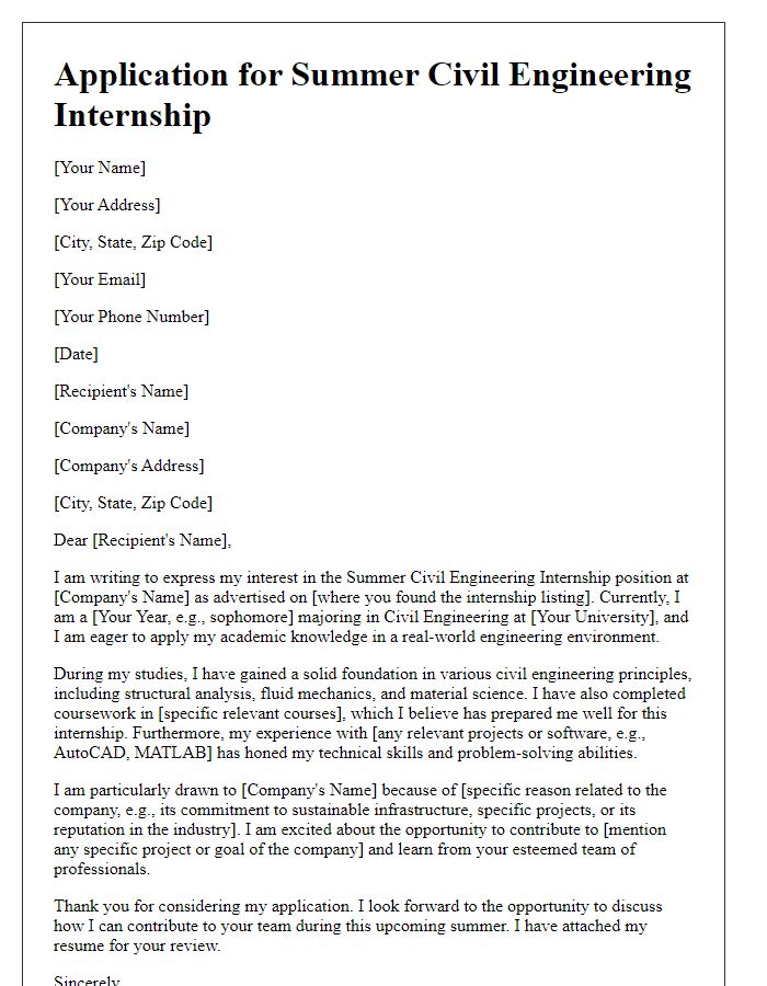 Letter template of summer civil engineering internship application