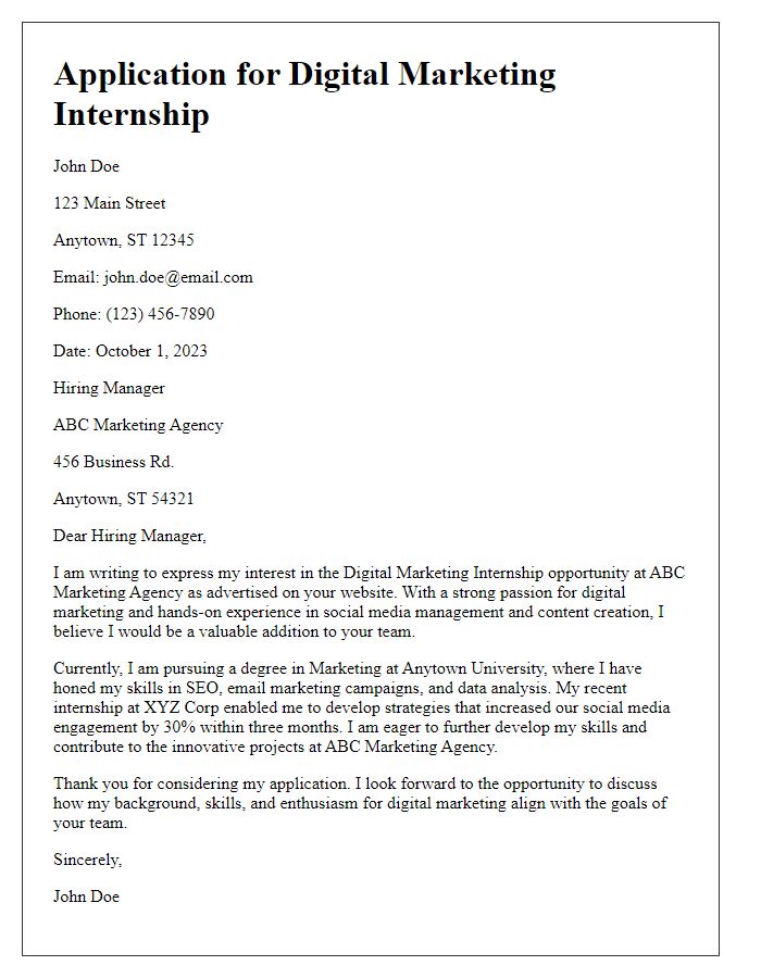 Letter template of application for a digital marketing internship opportunity.