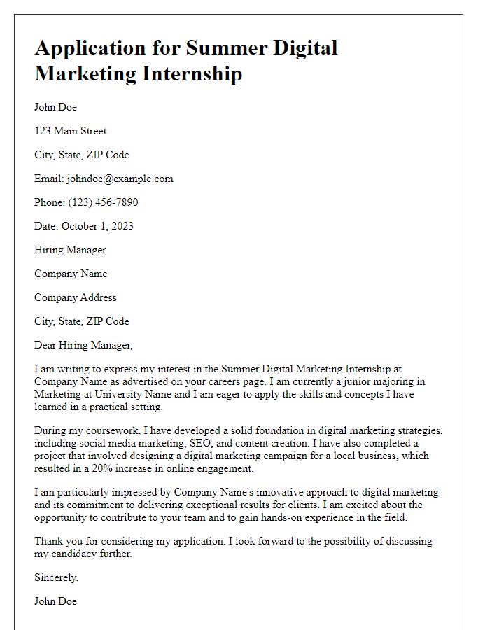 Letter template of application for a summer digital marketing internship.