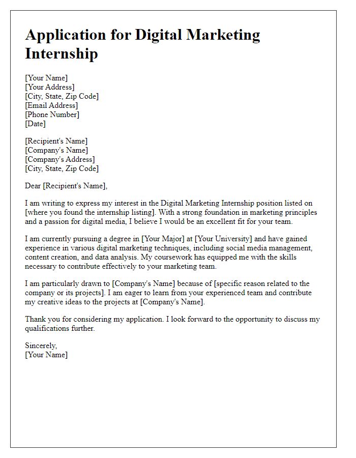 Letter template of applying for a digital marketing internship program.