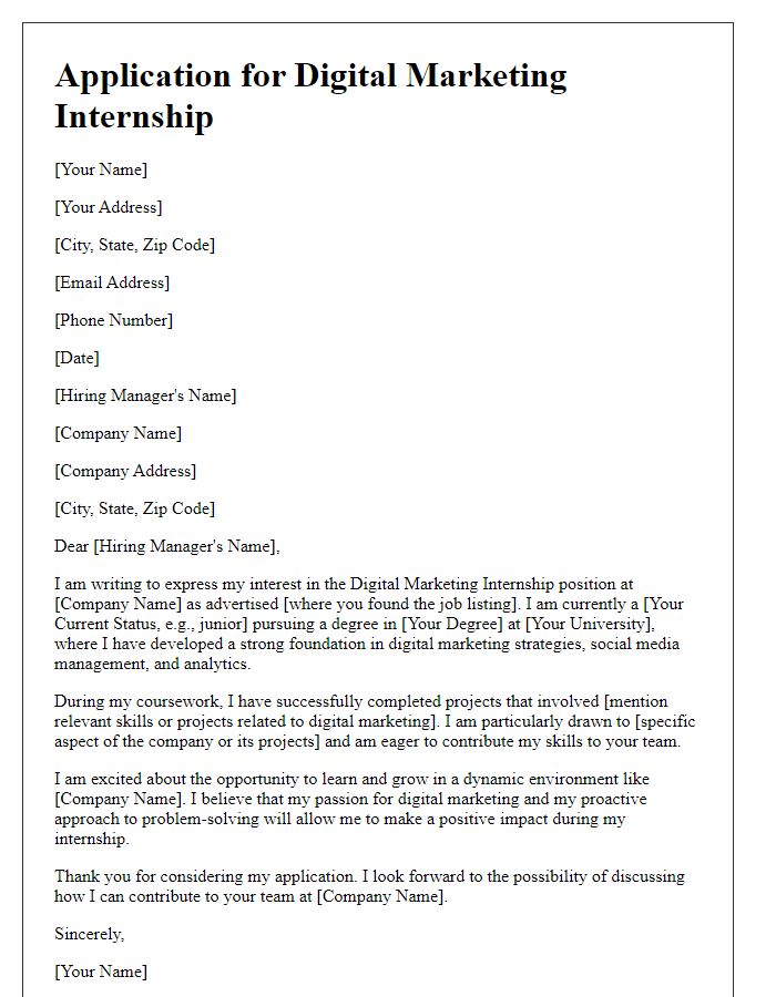 Letter template of candidate application for digital marketing internship.