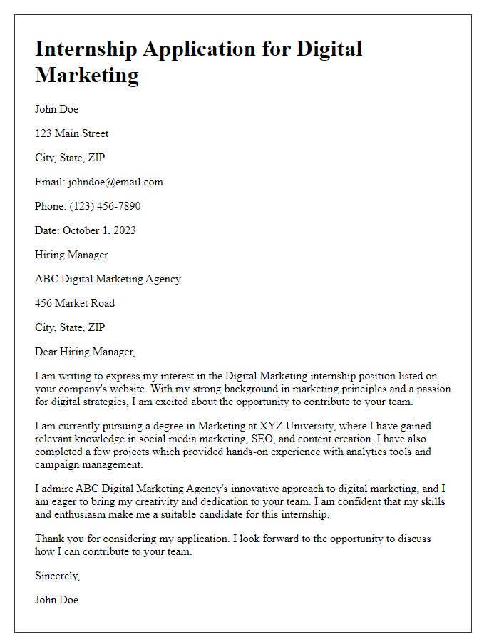 Letter template of digital marketing internship application.