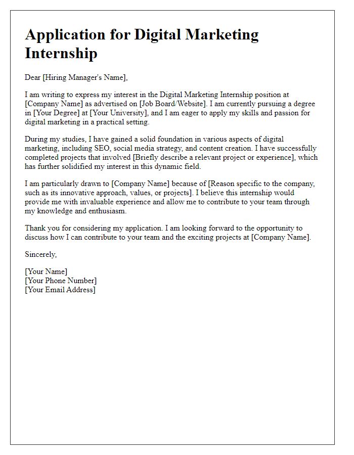 Letter template of expressing interest in a digital marketing internship.