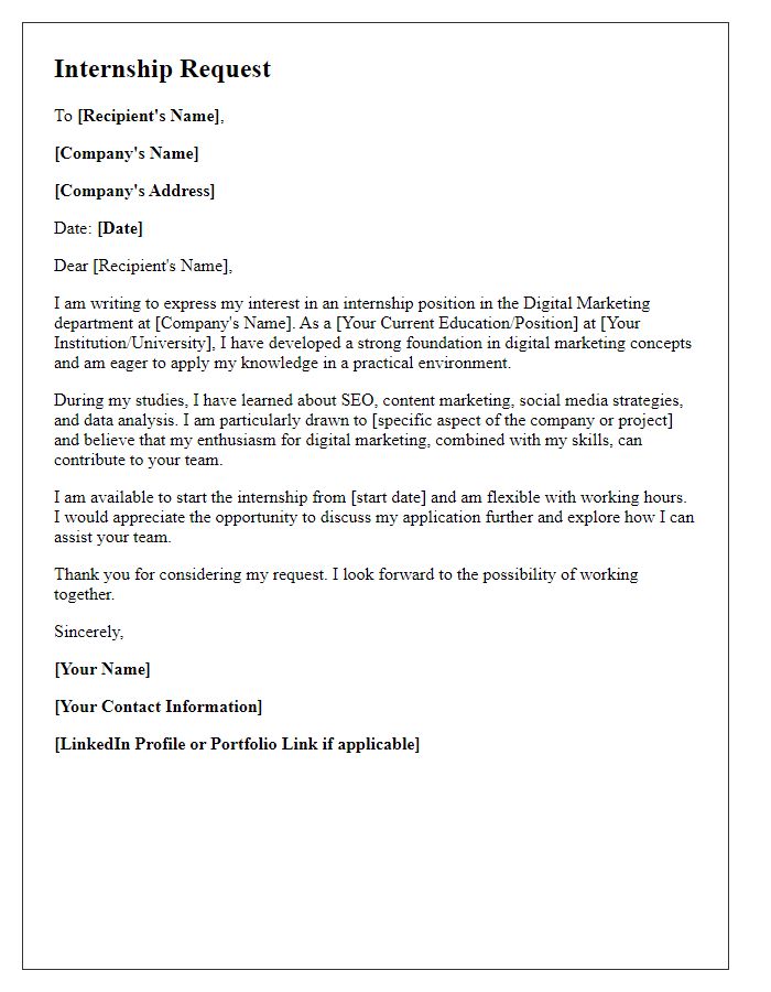 Letter template of internship request in digital marketing field.