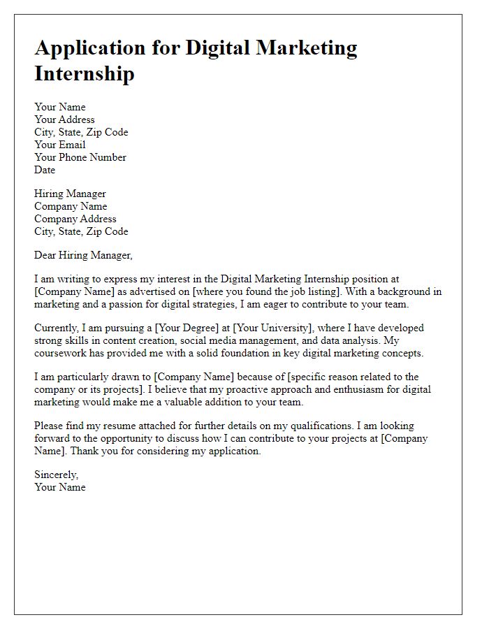 Letter template of pursuing an internship in digital marketing.