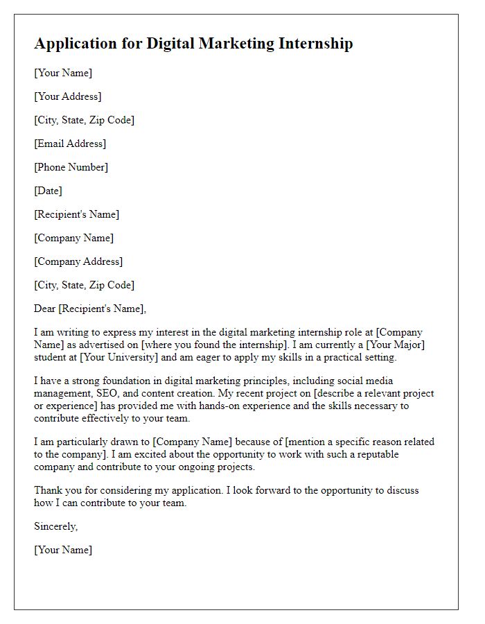 Letter template of seeking digital marketing internship role.