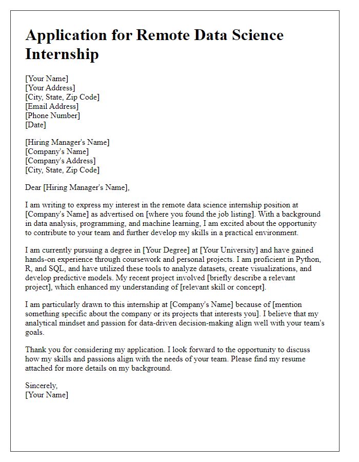 Letter template of application for a remote data science internship.