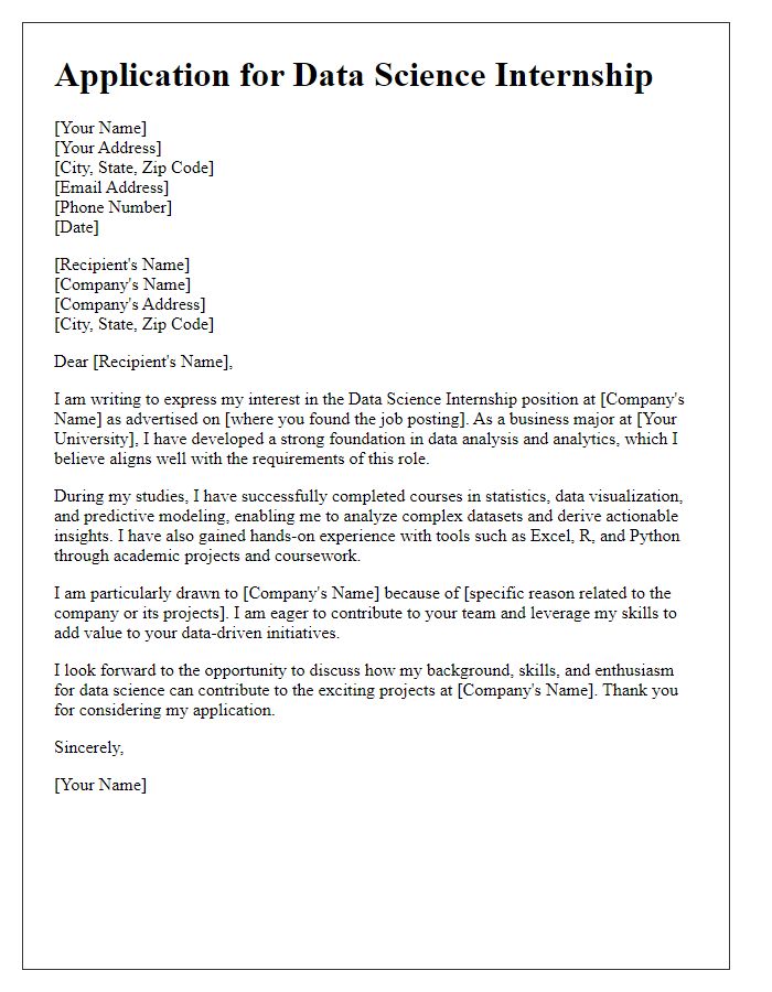 Letter template of data science internship application for business majors.