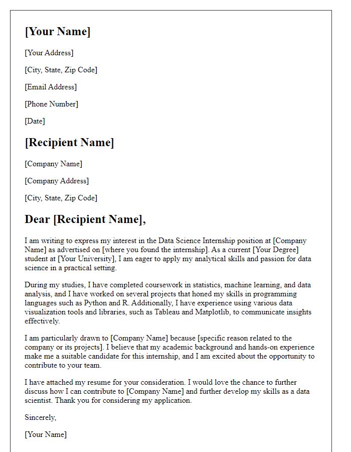 Letter template of internship application for aspiring data scientists.