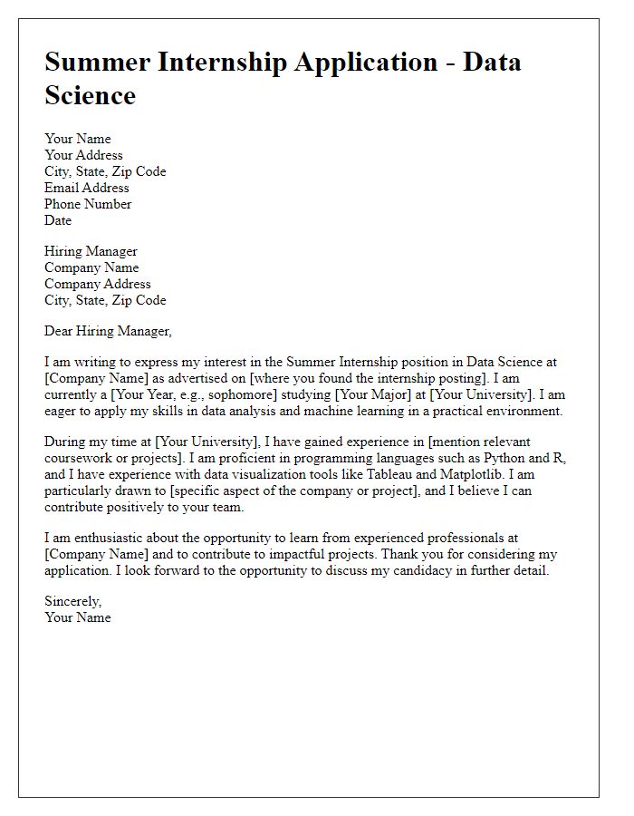 Letter template of summer internship application in data science.