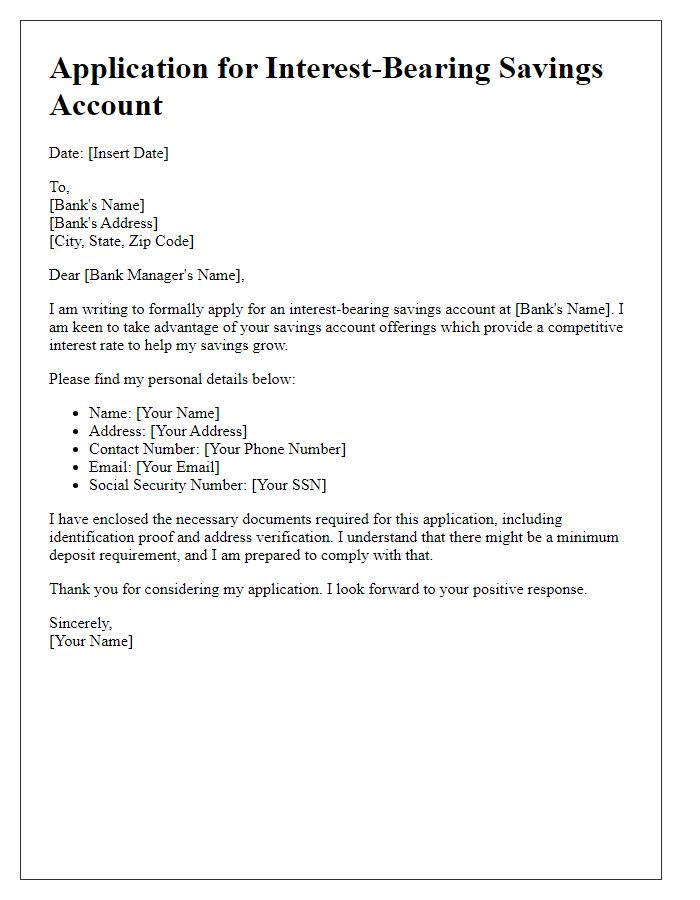 Letter template of application for an interest-bearing savings account