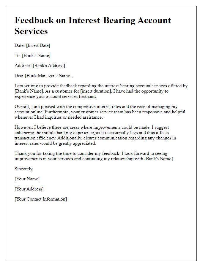 Letter template of feedback for interest-bearing account services