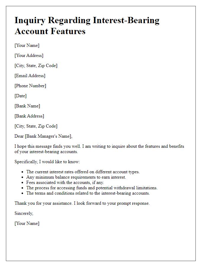 Letter template of inquiry for interest-bearing account features