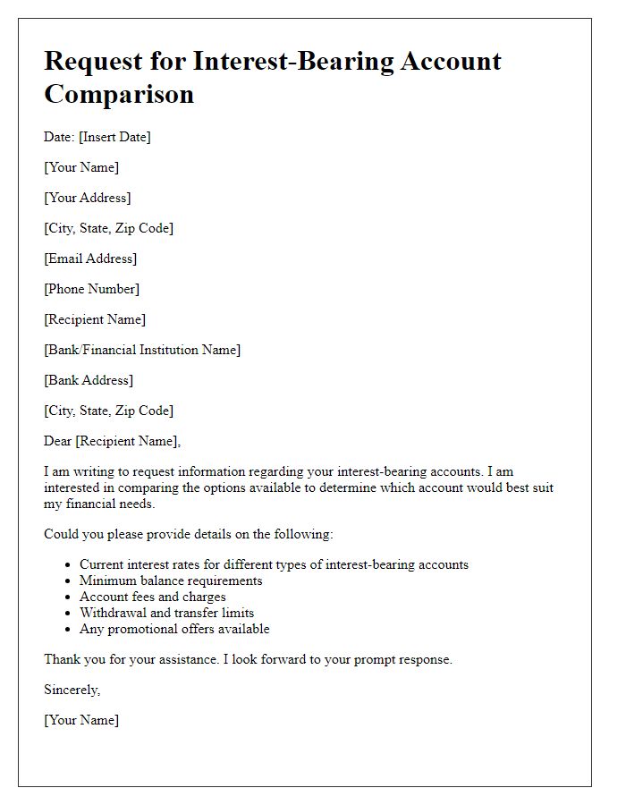 Letter template of request for interest-bearing account comparison