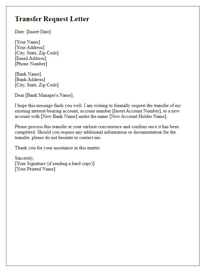 Letter template of transfer request for existing interest-bearing account