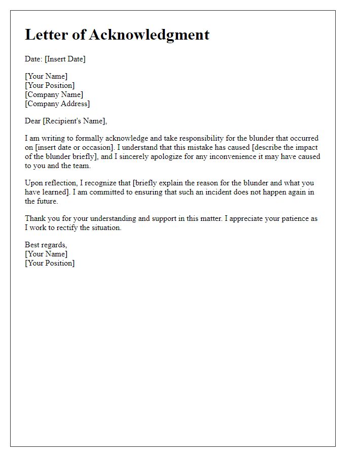 Letter template of acknowledgment for a blunder at the office.