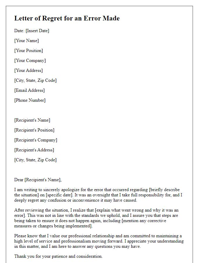 Letter template of regret for an error made in a professional setting.