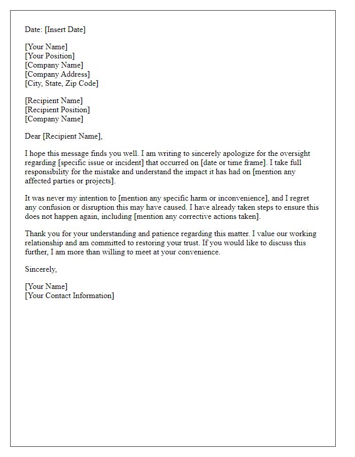 Letter template of sincere apology for a workplace oversight.