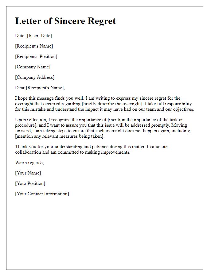 Letter template of sincere regret for an oversight at work.