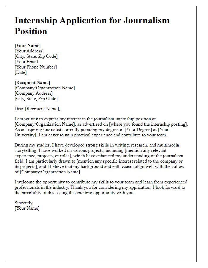 Letter template of internship application for aspiring journalism student