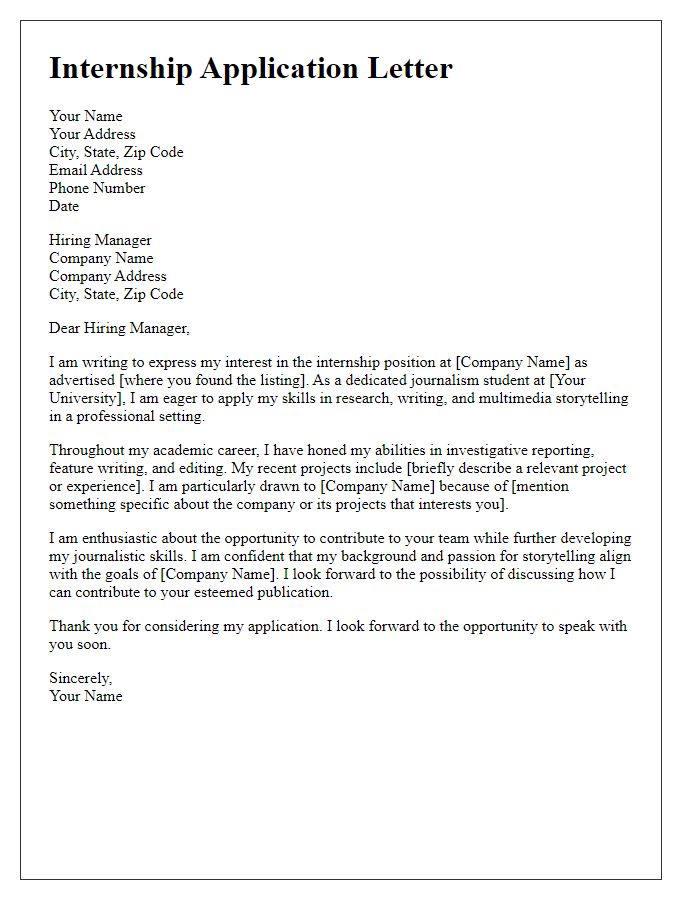 Letter template of internship application for dedicated journalism student