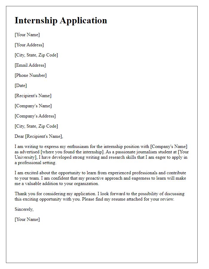 Letter template of internship application for enthusiastic journalism student