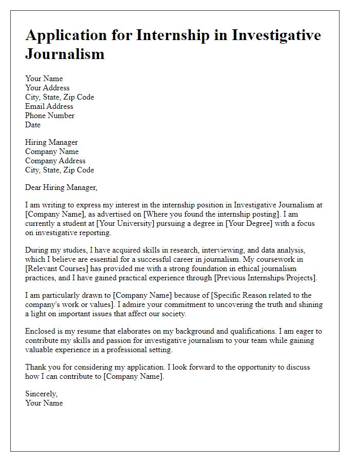 Letter template of internship application for investigative journalism student