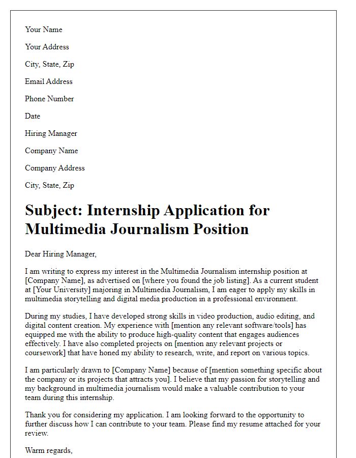 Letter template of internship application for multimedia journalism student