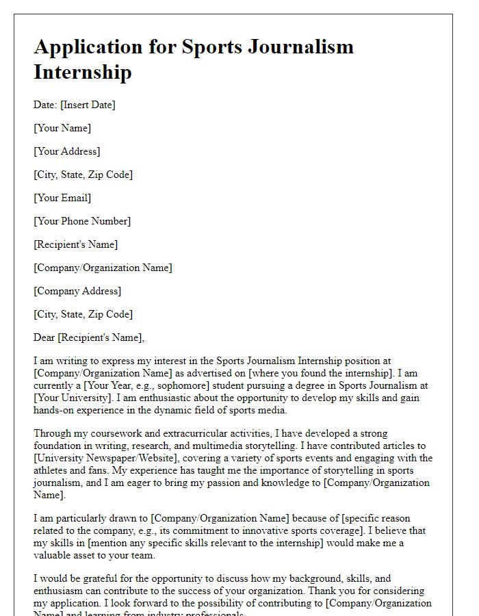 Letter template of internship application for sports journalism student