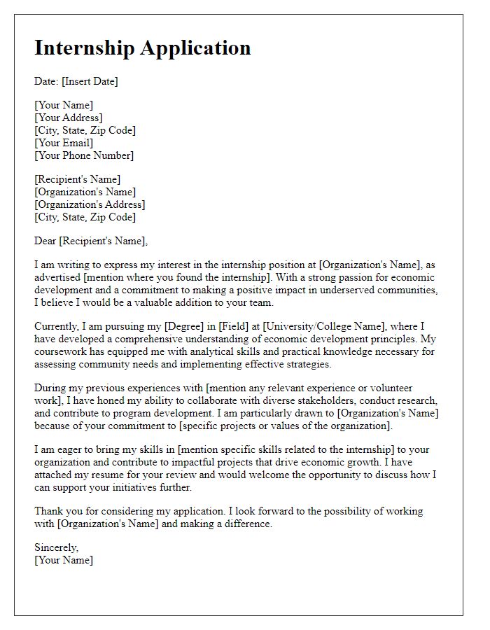 Letter template of internship application for non-profit organizations addressing economic development.