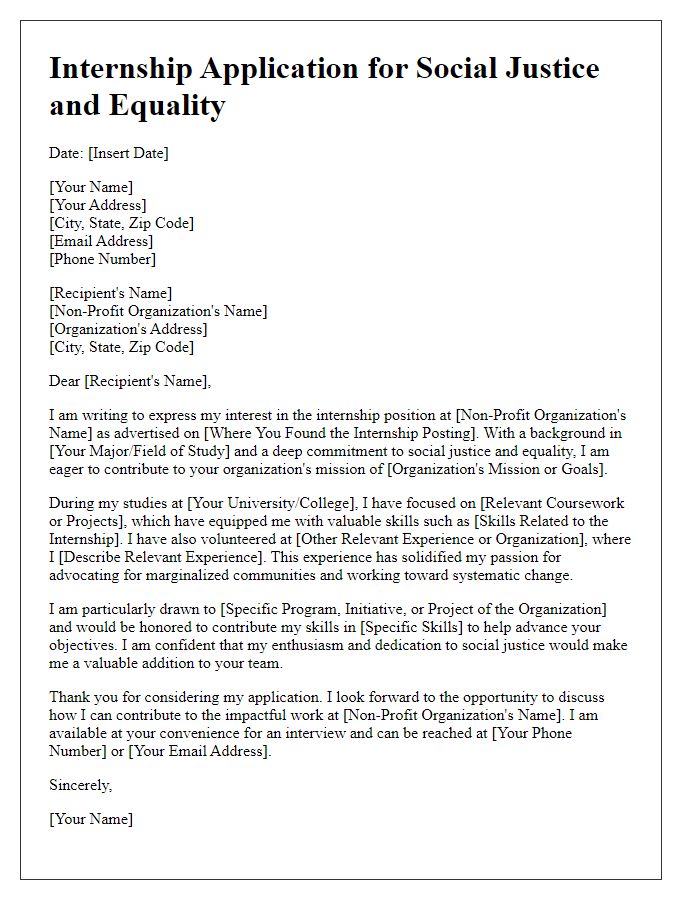 Letter template of internship application for non-profit organizations aimed at social justice and equality.