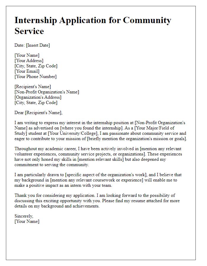 Letter template of internship application for non-profit organizations with a focus on community service.