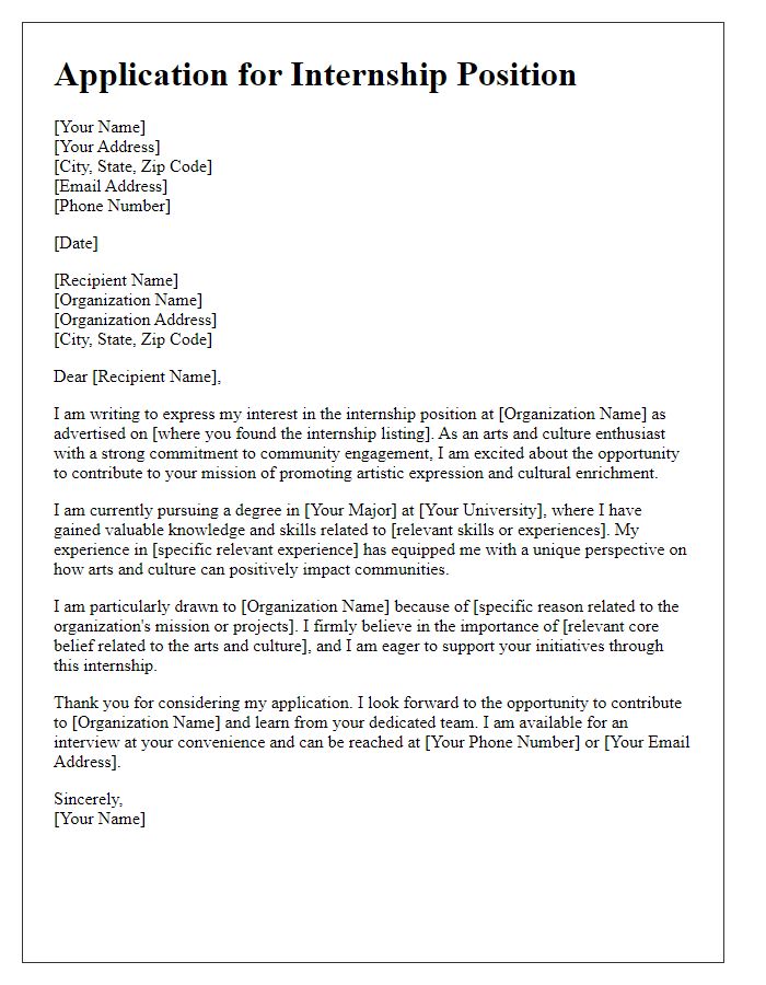 Letter template of internship application for non-profit organizations involved in arts and culture promotion.