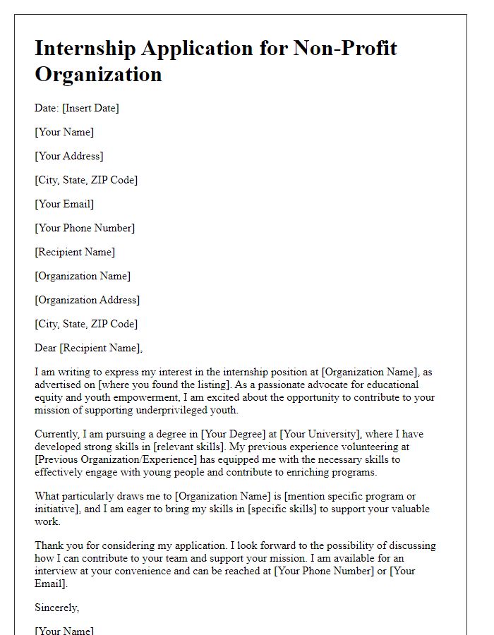 Letter template of internship application for non-profit organizations supporting underprivileged youth.