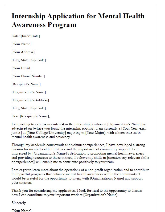 Letter template of internship application for non-profit organizations that prioritize mental health awareness.