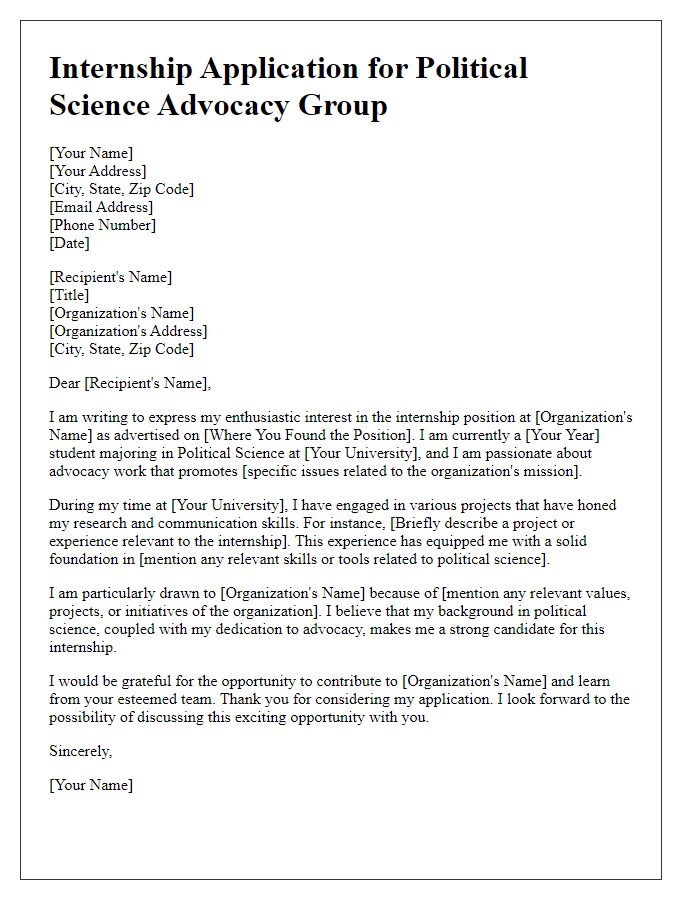 Letter template of internship application for political science advocacy group