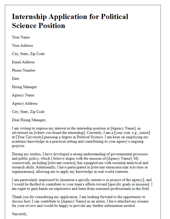 Letter template of internship application for political science governmental agency