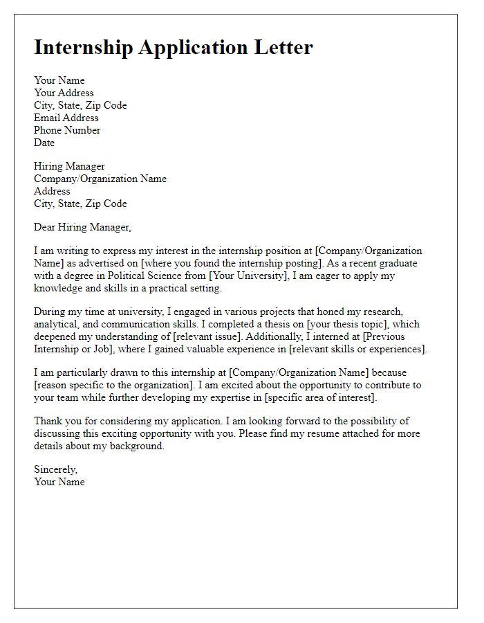 Letter template of internship application for political science graduate student