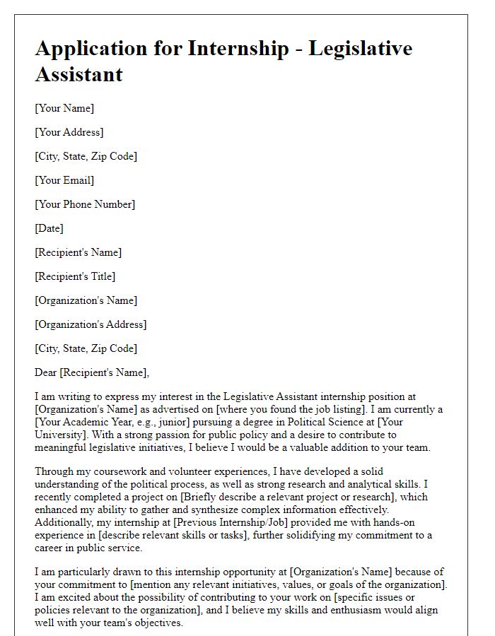 Letter template of internship application for political science legislative assistant role