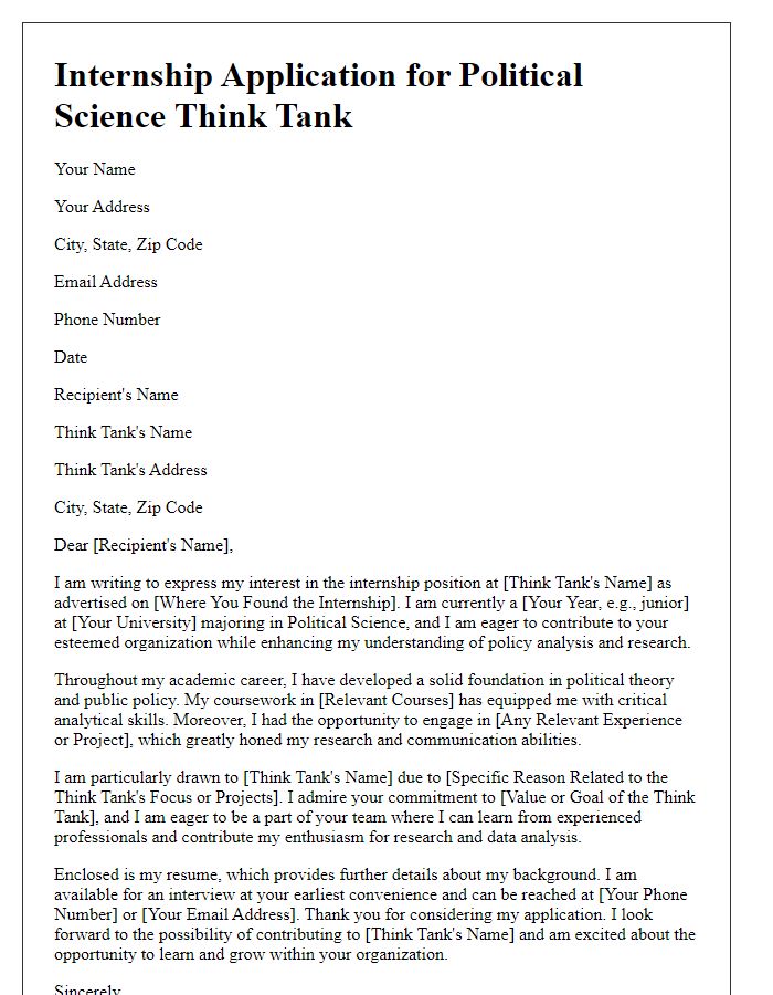 Letter template of internship application for political science think tank