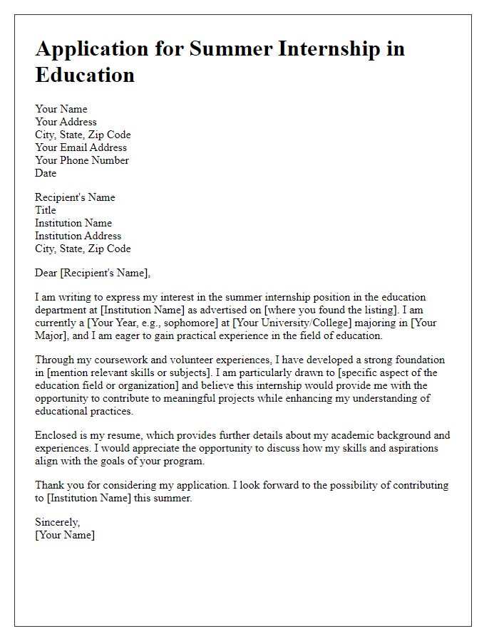 Letter template of application for summer internship in education