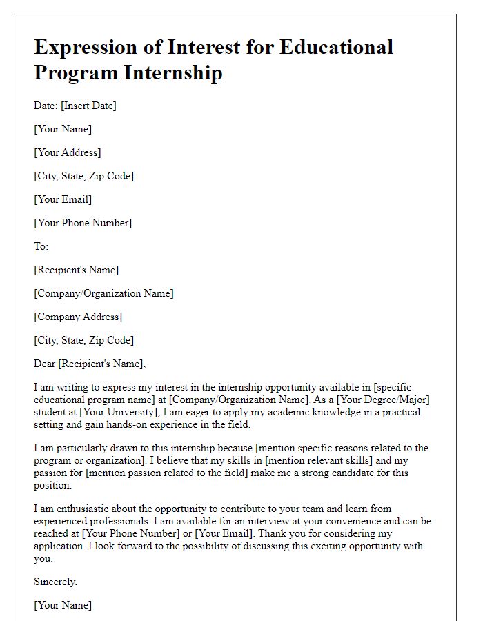 Letter template of expression of interest for educational program internship