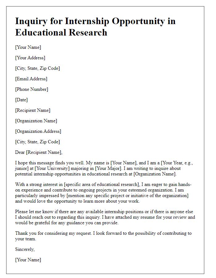 Letter template of inquiry for internship in educational research