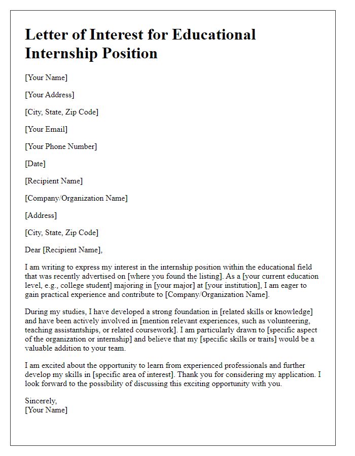 Letter template of interest in educational field internship position