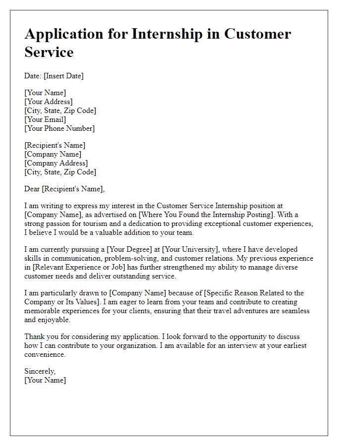 Letter template of internship application for customer service in tourism.