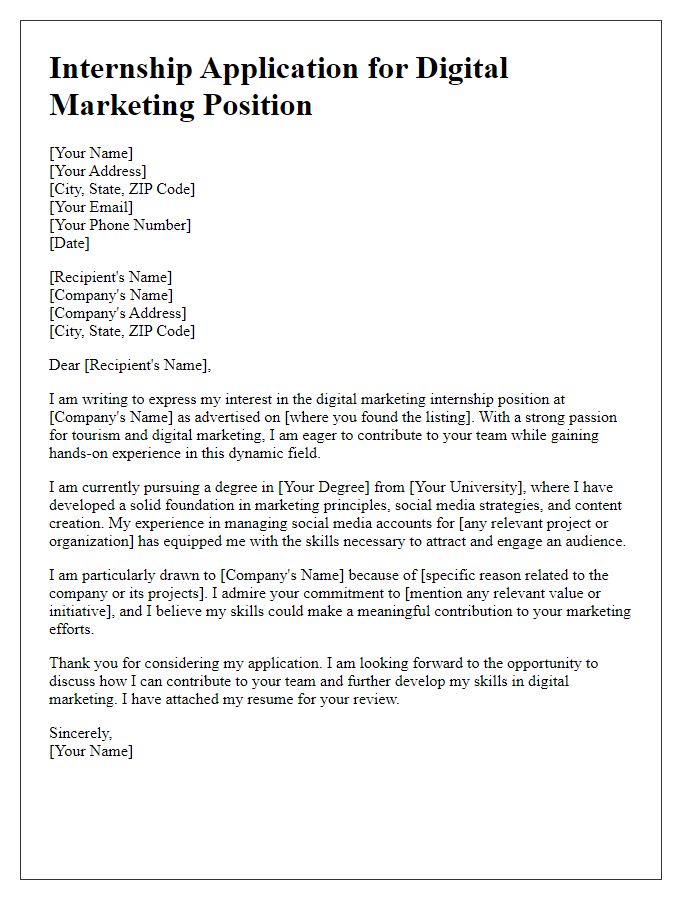 Letter template of internship application for digital marketing in tourism.