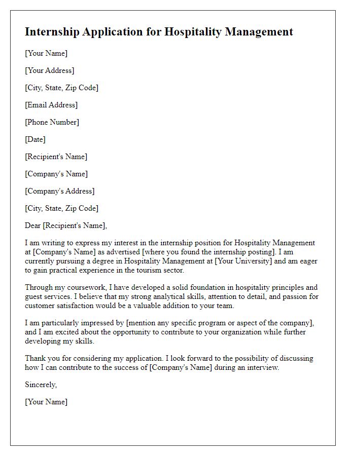 Letter template of internship application for hospitality management in tourism.