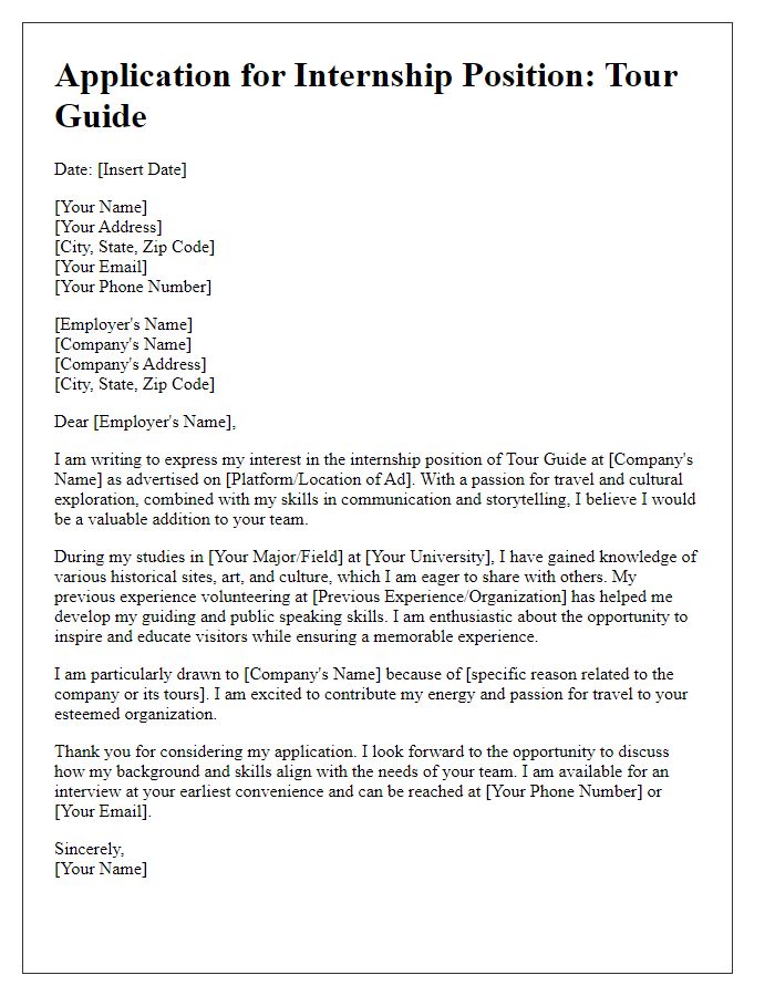 Letter template of internship application for tour guiding experience.