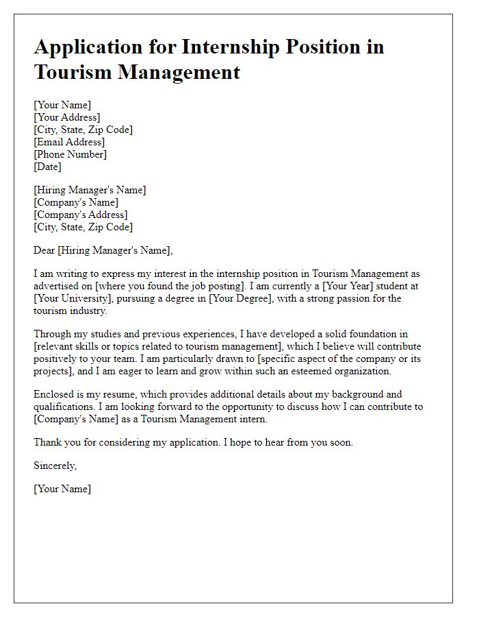 Letter template of internship application for tourism management position.