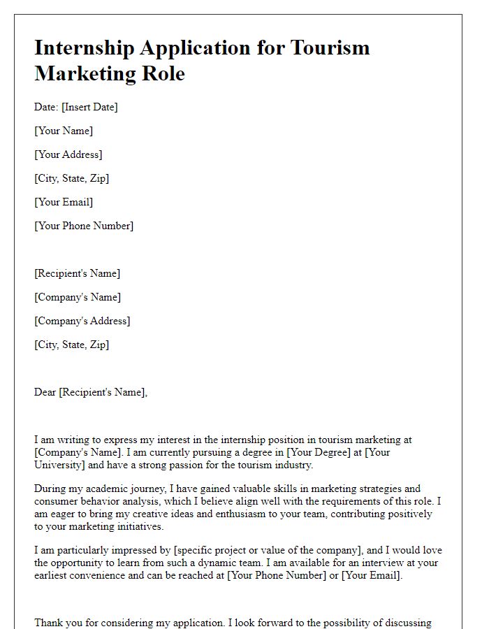 Letter template of internship application for tourism marketing role.